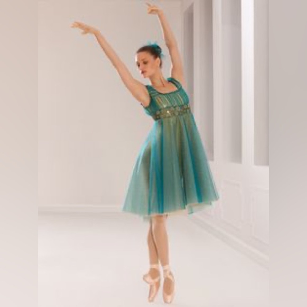 Revolution Dancewear Midsummer ballet recital costume, lyrical dance teal gold